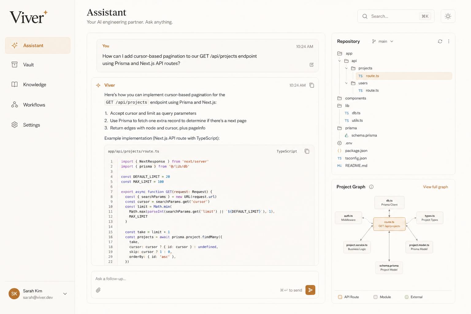 The Viver assistant workspace showing a coding question, an AI answer with code, and a repository panel