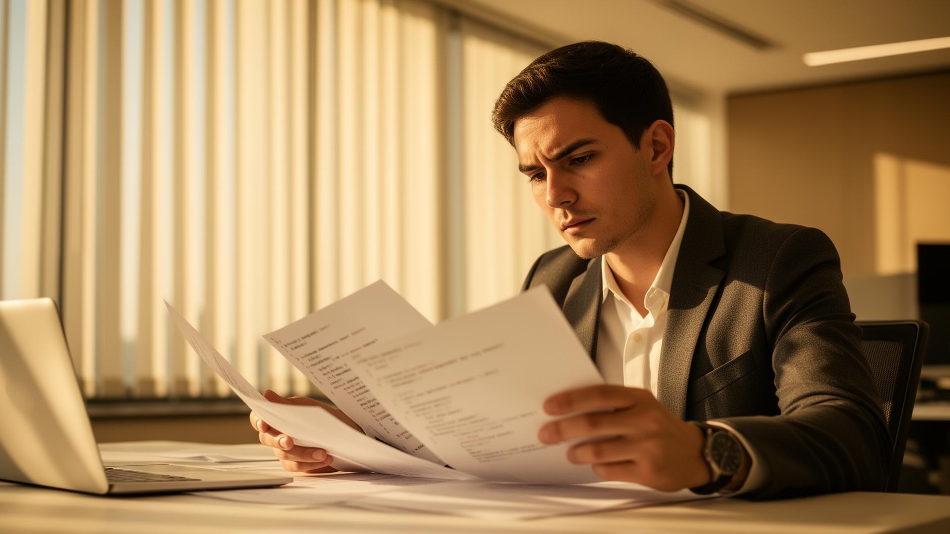 A focused engineer reviewing technical documents in a sunlit office